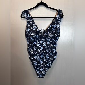 A Pea in the Pod One Piece Blue Maternity Swimsuit Floral Ruffle Tie Back Size L